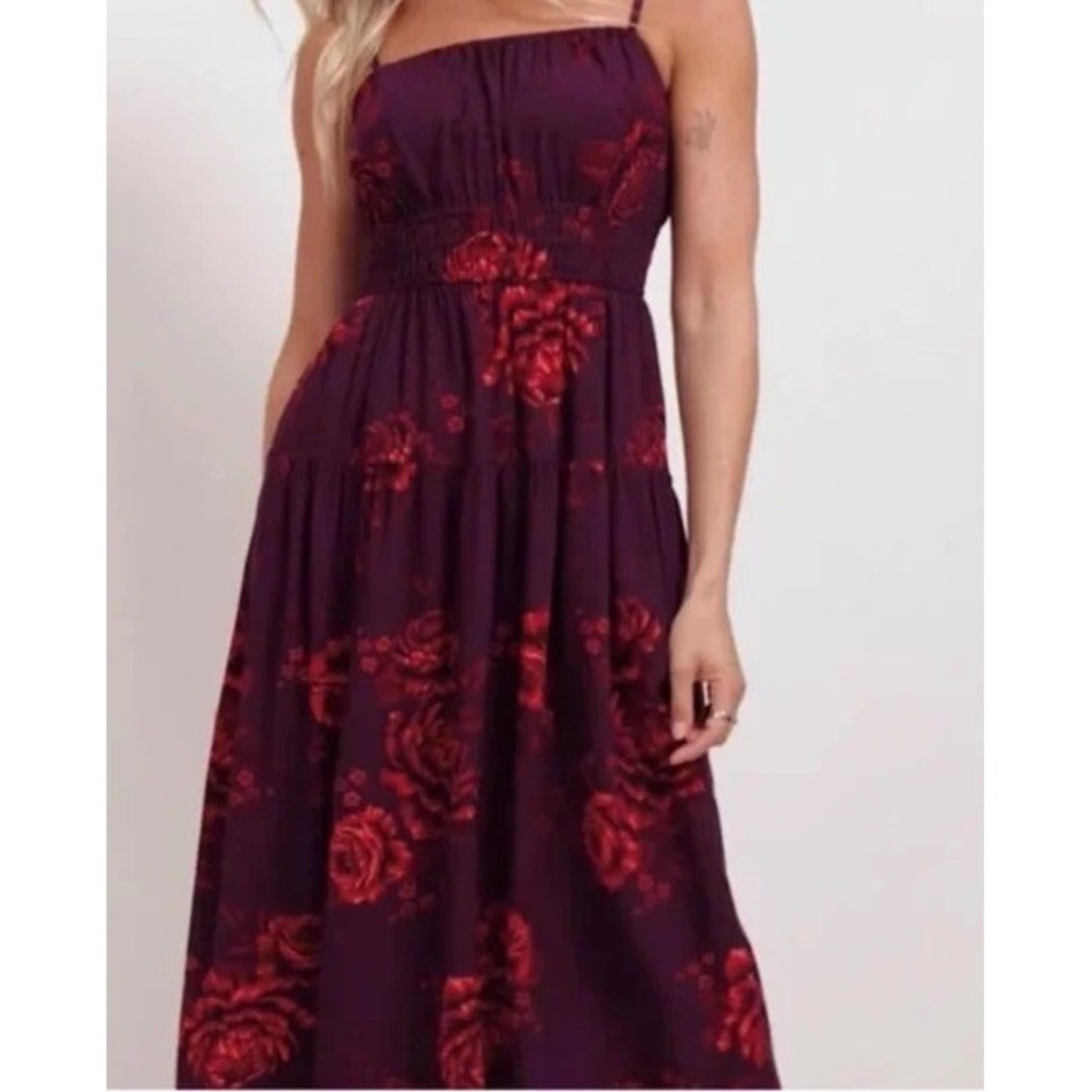 Old Navy Floral Midi Dress Women L Red Waist Defined Flutter Sleeve Casual